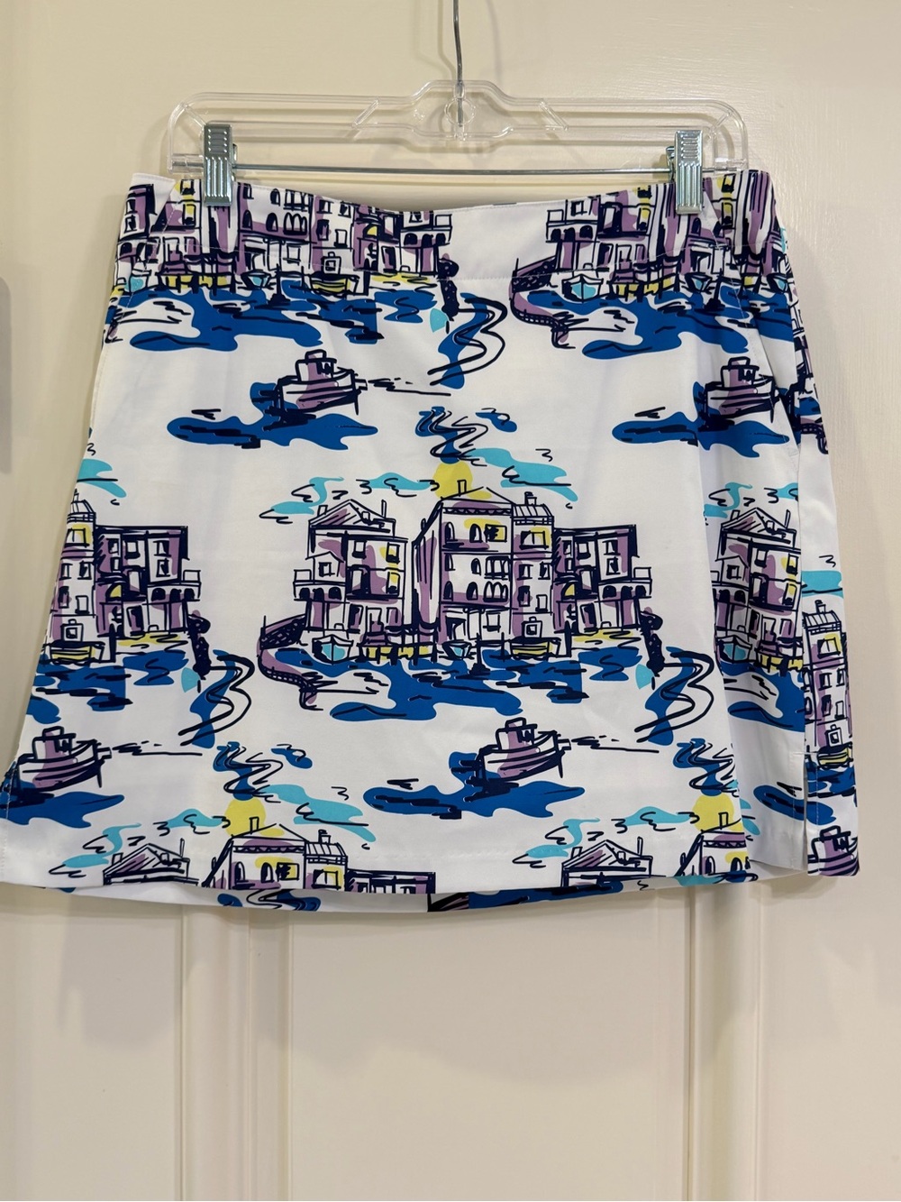 Lady Hagen White Mini Skirt with Blue, Purple & Yellow Harbor Print